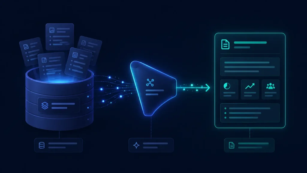 RAG-augmented content brief generation process showing vector database retrieval of historical briefs feeding into LLM structured output for agency content workflows.