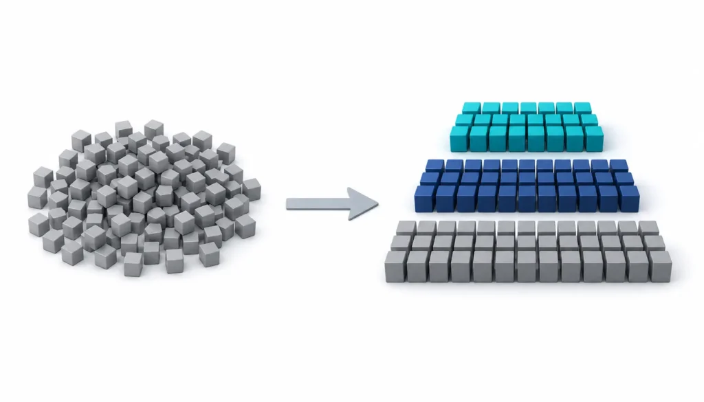 Minimalist isometric corporate illustration showing a three-tier customer cohort segmentation model transitioning from an undifferentiated flat base into High-Value, Stability-Risk, and Churn-Probable account tiers for SaaS CLV intelligence.