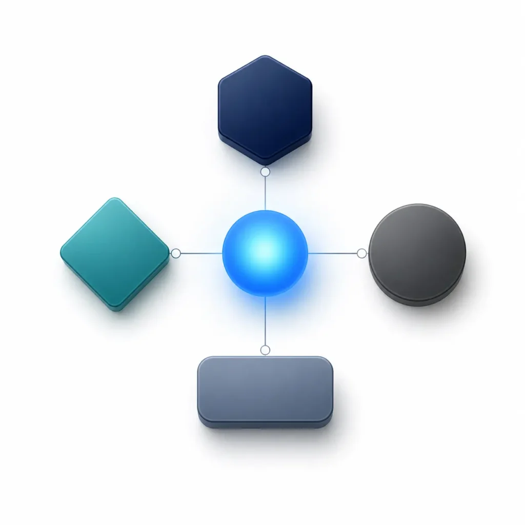 Minimalist isometric diagram illustrating the four core components of customer lifetime value — purchase frequency, average order value, gross margin, and churn probability — converging into a single central intelligence node.