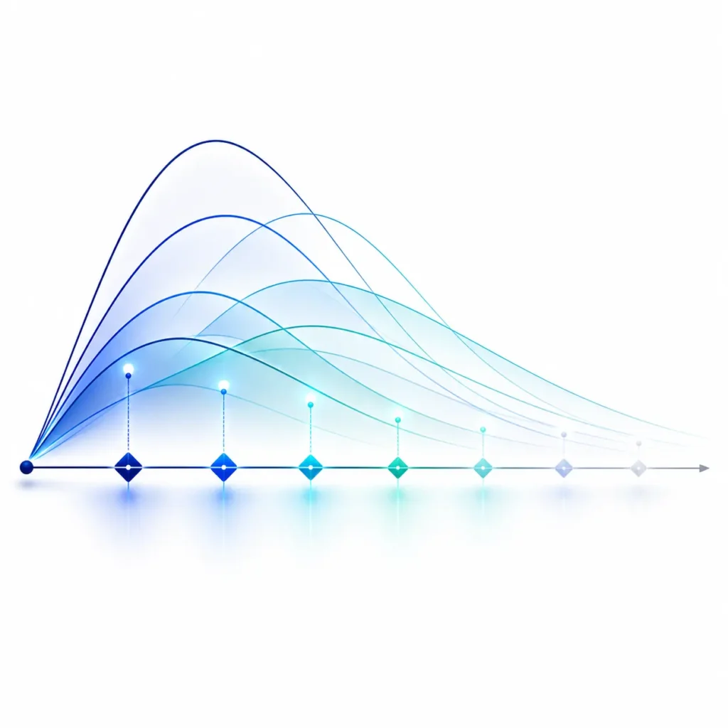 Abstract minimalist visualization of a predictive customer lifetime value discounted cash flow model, showing probability curves and compounding margin nodes across a time axis in clean corporate vector style.