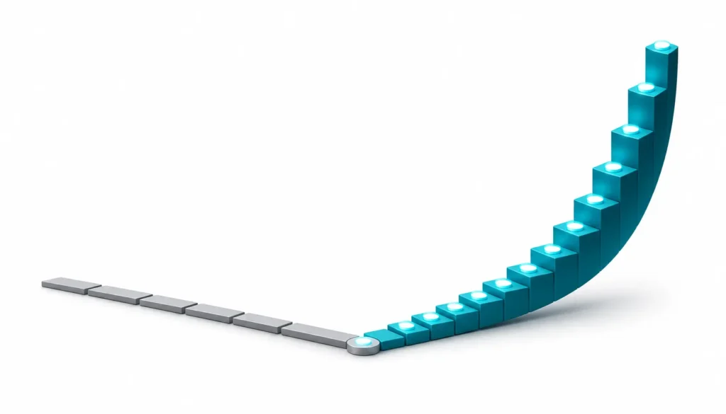 Abstract isometric illustration showing the compounding economics of customer retention ROI, with an expanding spiral growth form and diverging paths contrasting retention-driven versus acquisition-driven revenue trajectories.