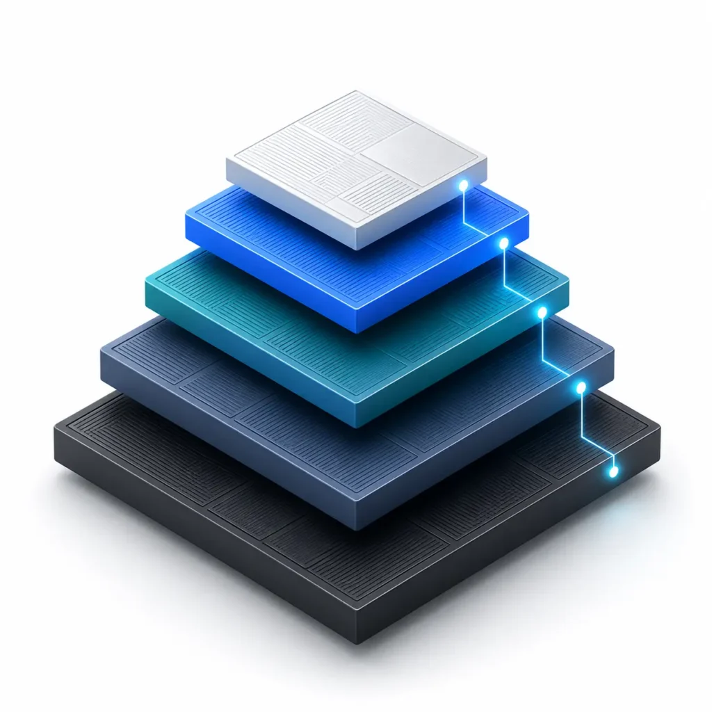 Five-layer isometric architectural stack diagram representing the Revenue Depth Architecture CLV operations framework, with each geometric layer representing Signal Capture, Cohort Segmentation, Churn Modeling, Expansion Attribution, and Governance.