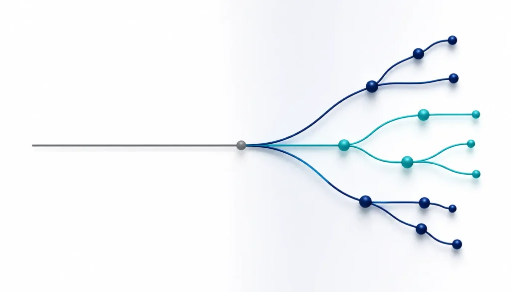 Abstract split-panel illustration contrasting a flat, backward-looking static CLV reporting model on the left with a dynamic, forward-facing predictive customer lifetime value system on the right.